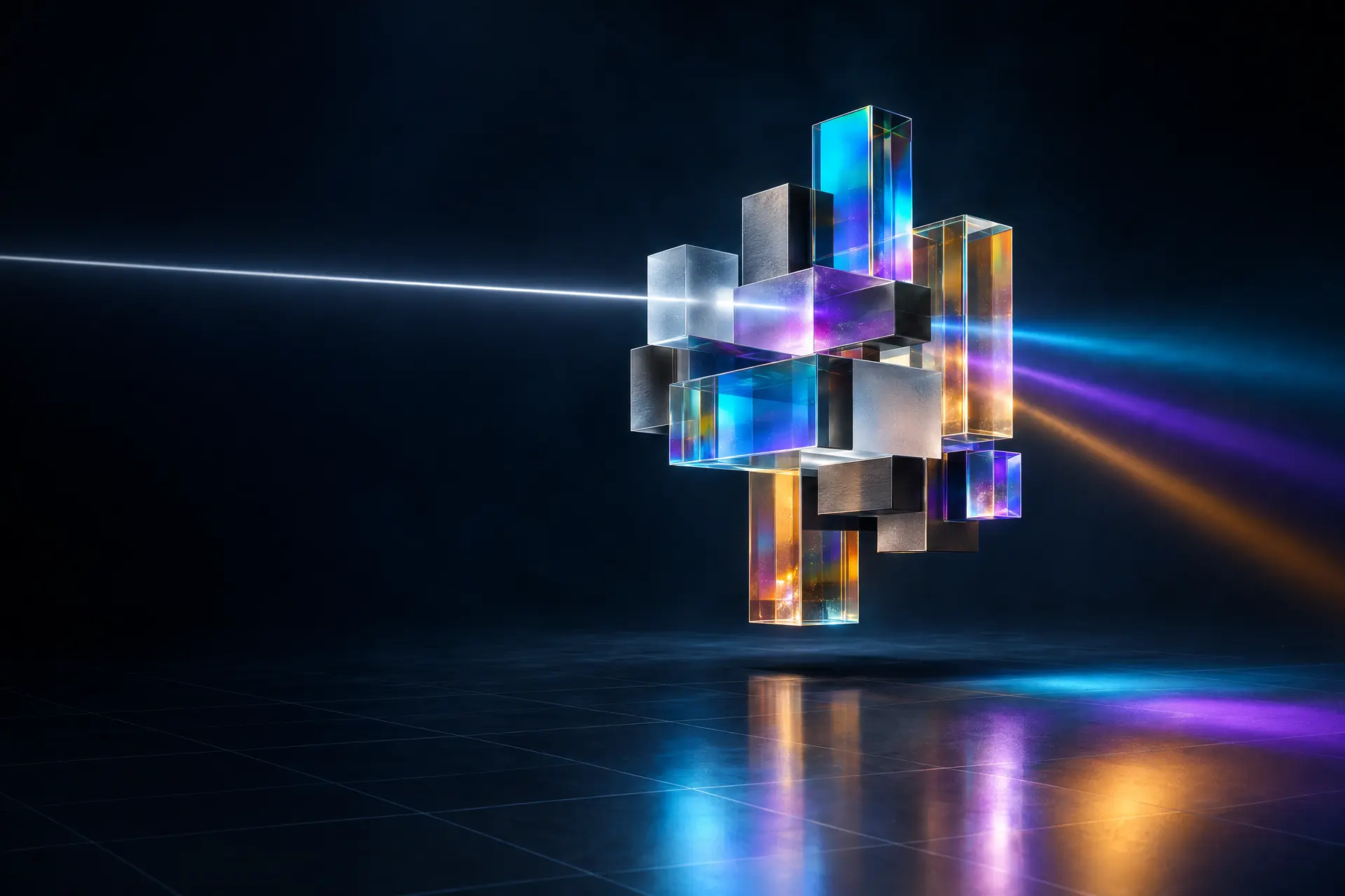 A beam of white light passing through a floating lattice of twelve dichroic glass blocks and leaving as separate cyan, violet and amber rays.