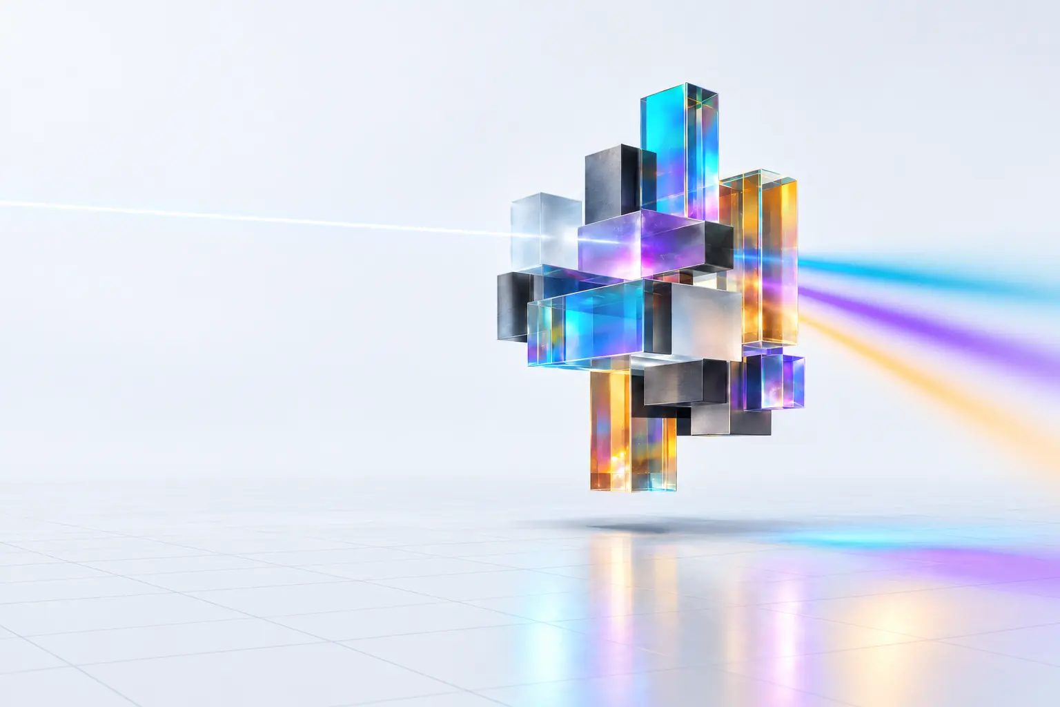 A beam of white light passing through a floating lattice of dichroic glass blocks on a pale daylight stage and leaving as separate cyan, violet and amber rays.