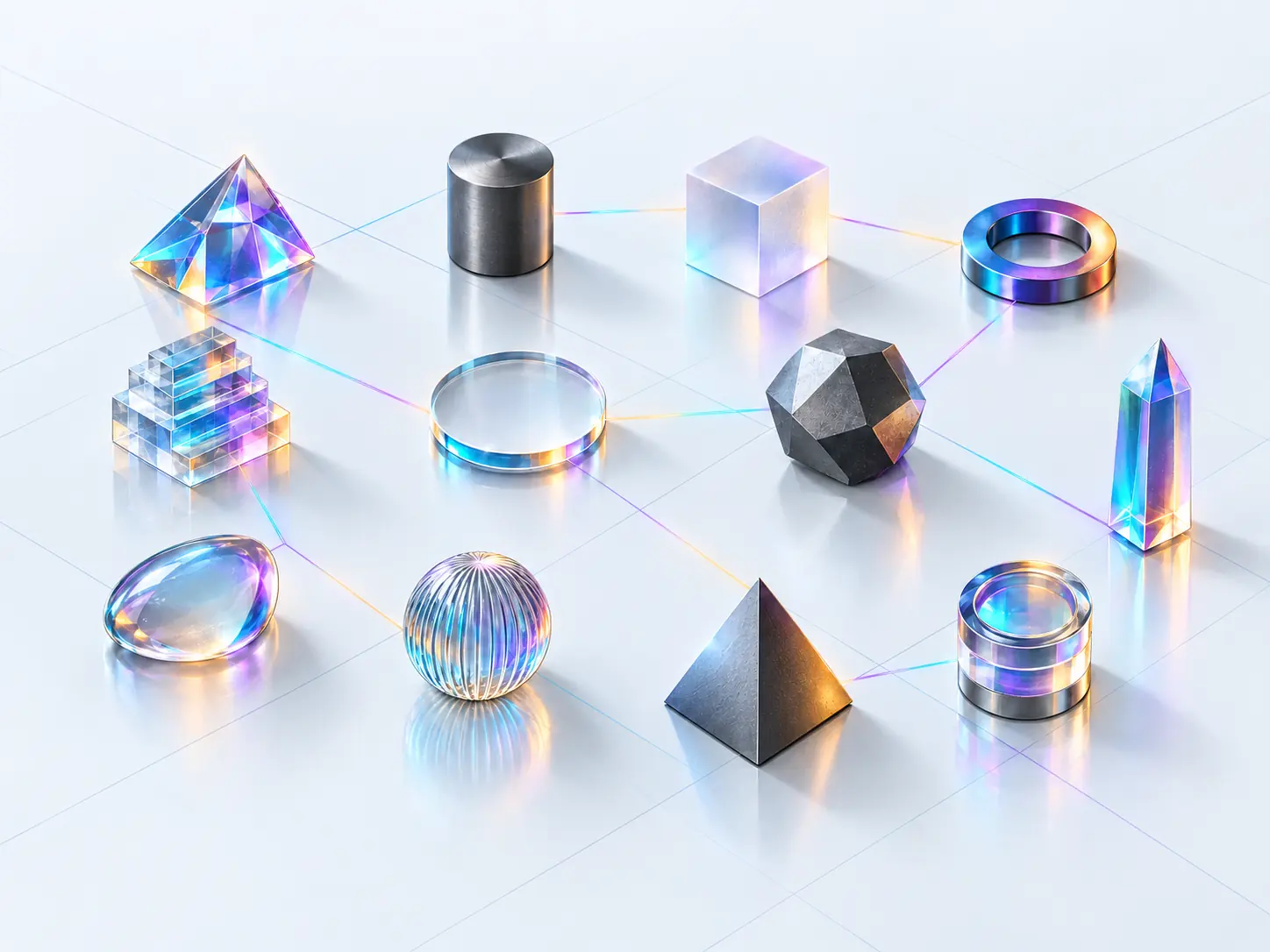 Twelve distinct glass and metal objects arranged as a constellation on a pale daylight plane, a few joined by fine lines of light.