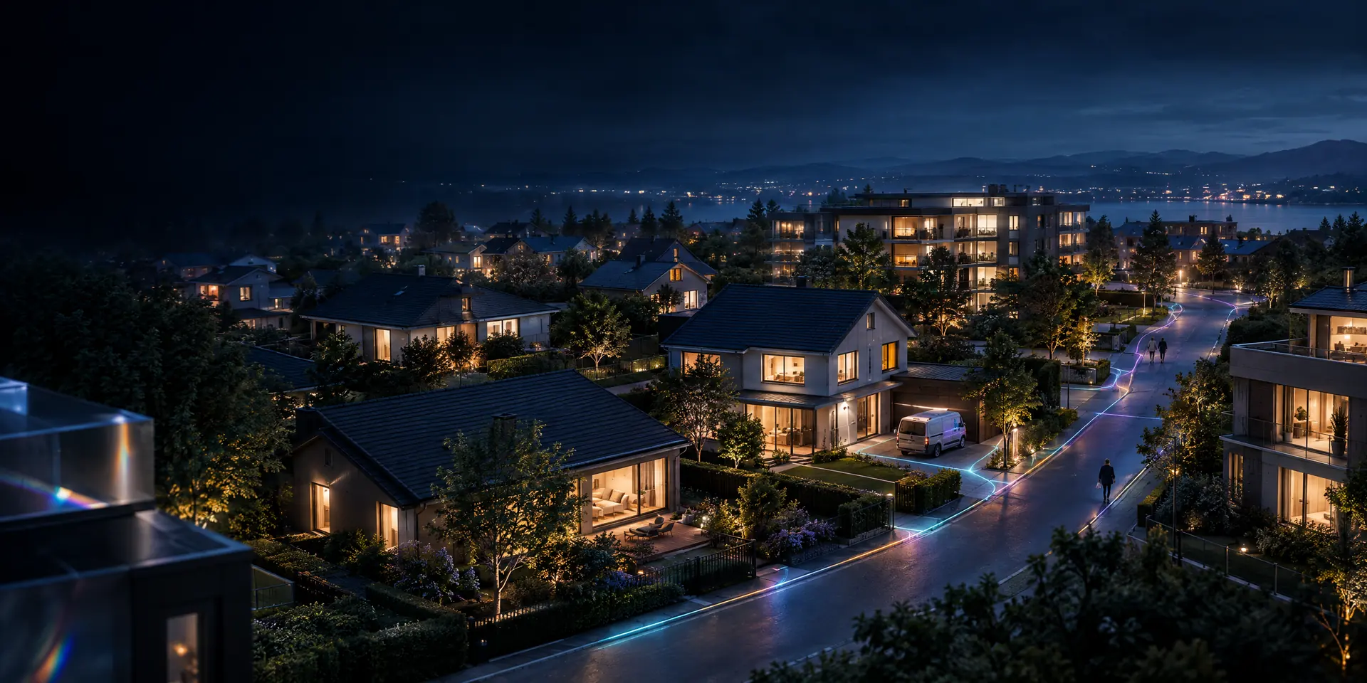 An imagined neighbourhood at blue hour, with warm windows, a service van and faint lines of cyan light tracing the streets between homes.