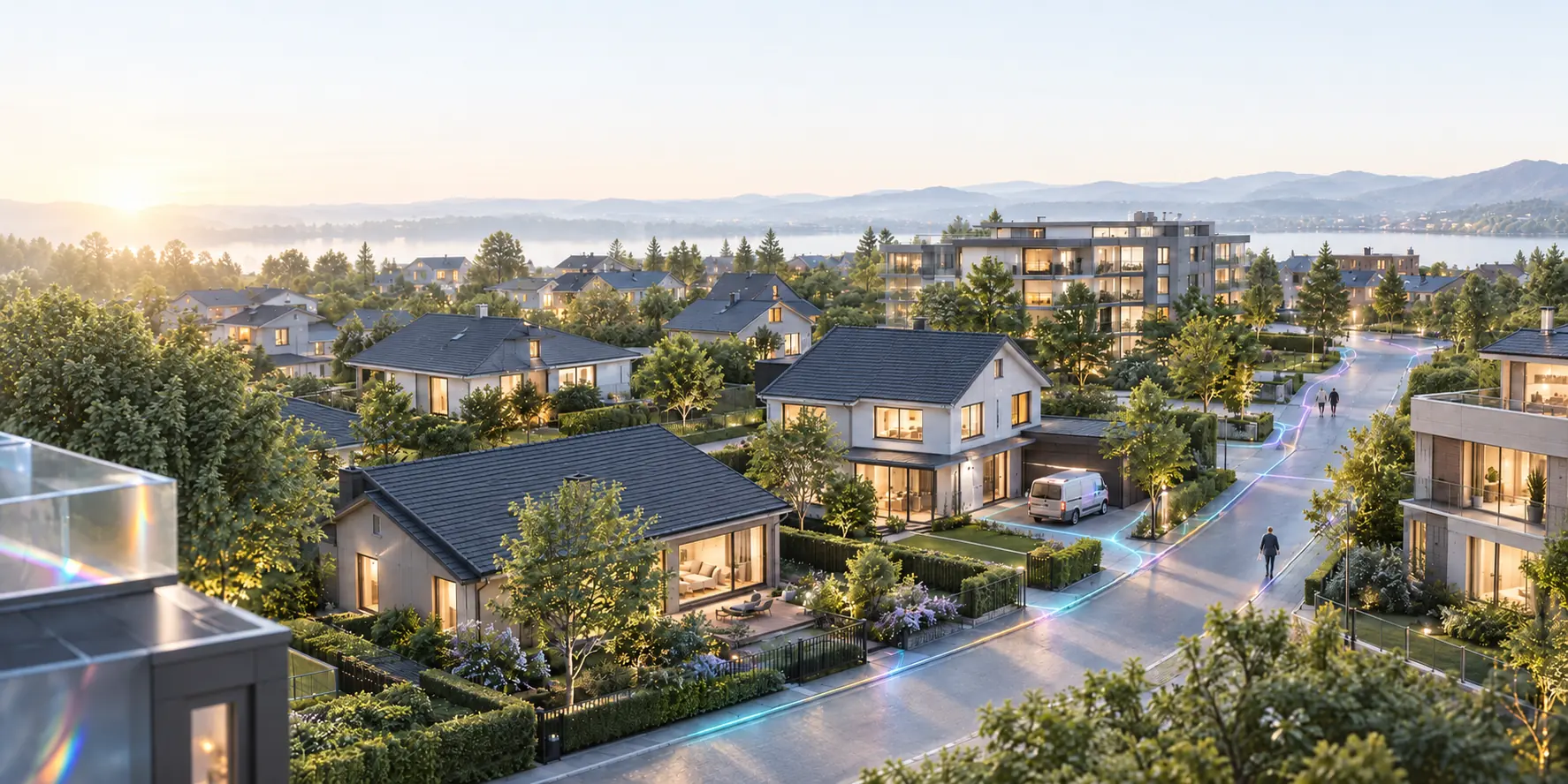An imagined neighbourhood on a bright, clear day: homes among trees along a curving street, with a lake and hills in the distance.